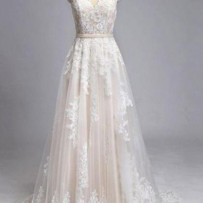 Champagne Round Neck Tulle Lace Long Weeding..