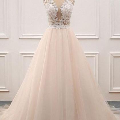 Champagne Tulle Lace Long Prom Derss,appliques..