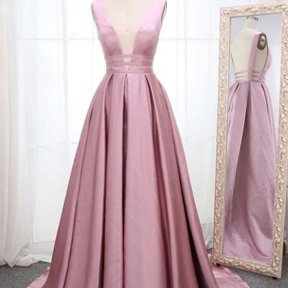 Pink Satin Open Back Long Prom Dress, Pink..