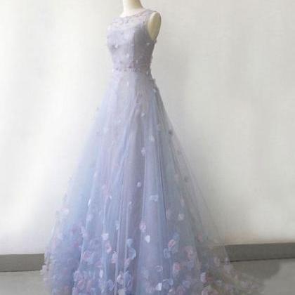 Flower Fairy Sky Blue See-through Evening Dresses..