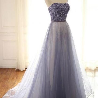 Simple Strapless Blue Beaded Tulle Prom..