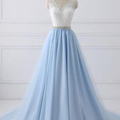 Elegant Blue A-line Long Prom Dresses,charming..
