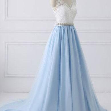 Elegant Blue A-line Long Prom Dresses,charming..