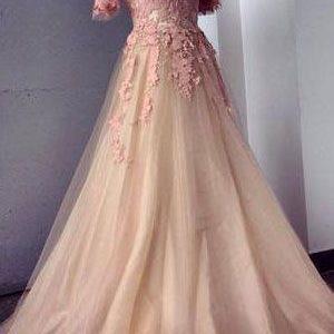 Appliquee Tulle Prom Dresses, Floor-length Prom..