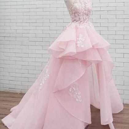 Pink Round Neck Lace Long Prom Dress, Sweet..