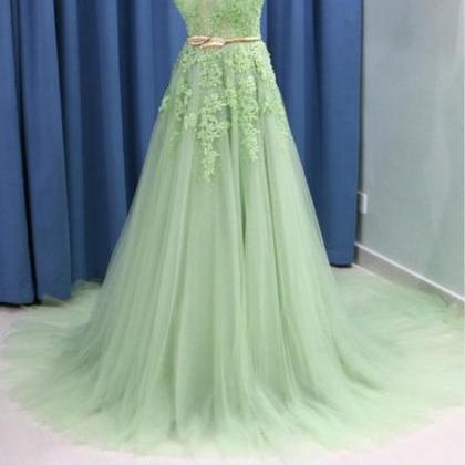 V-neck Light Green Prom Dresses,a-line Tulle Prom..