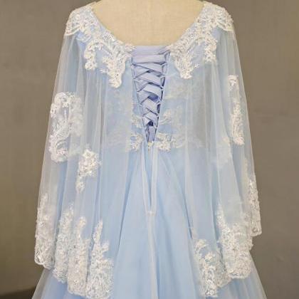 V Neck Light Blue Tulle Prom Dress,lace Appliques..