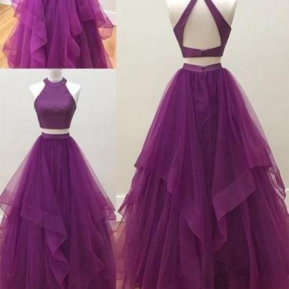 Simple Two Pieces Tulle Long Prom Dress,sleeveless..