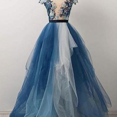 Blue tulle lace applique long prom ..