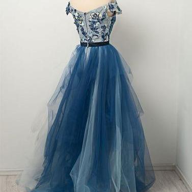 Blue tulle lace applique long prom ..