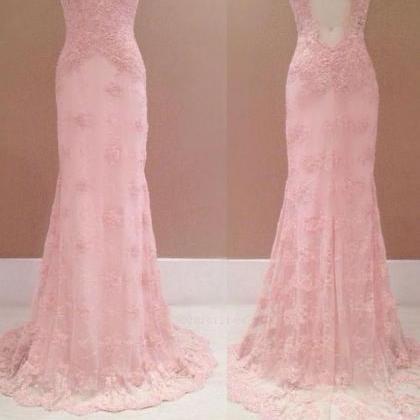 Pink Lace Open Back Prom Dress, Sleeveless Tulle..
