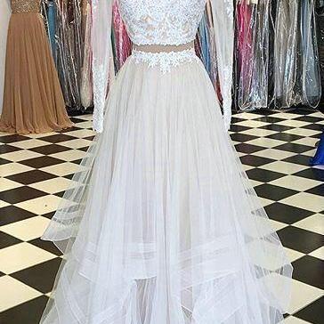 Elegant Long Sleeve Lace Two Pieces Prom..