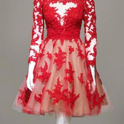 Red Tulle Short Homecoming Dresses,long Sleeve..