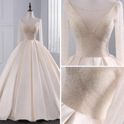 Elegant A-line Long Sleeve Satin Bridal..