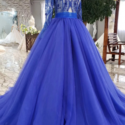 Elegant Blue Long Sleeves V Neck Tulle Formal Prom..