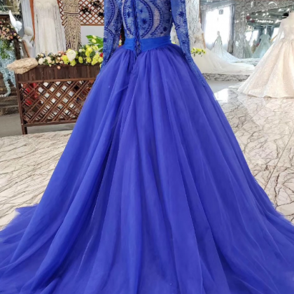 Elegant Blue Long Sleeves V Neck Tulle Formal Prom..