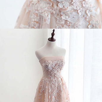 Pink Tulle Strapless Appliques Lace Homecoming..