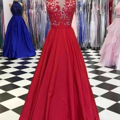 Red Satin Prom Dresses,a-line Floor-length V-neck..