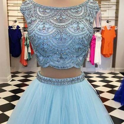 Sexy Two Pieces Beaded Blue Long Pr..