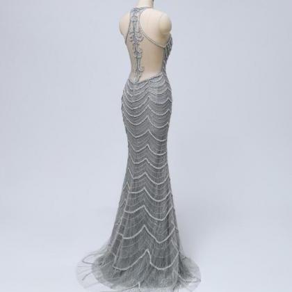 Grey Lace Heavily Beaded Mermaid Evening Prom..