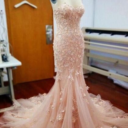 Blush Pink Strapless Lace Mermaid Evening Prom..