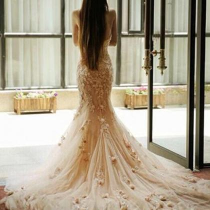 Blush Pink Strapless Lace Mermaid Evening Prom..