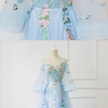 Sweetheart Blue Tulle Prom Dress,off-shoulder Long..