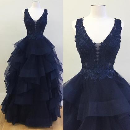 V-neck Navy Blue Tulle Prom Dresses,lace Beaded..