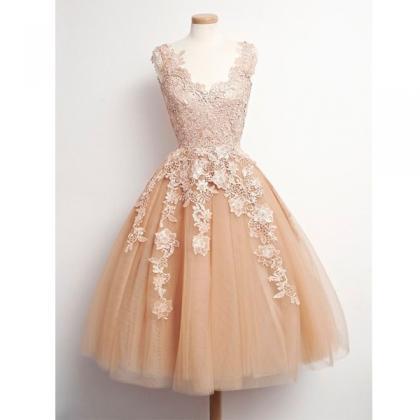 Appliques Short Homecoming Dress,champagne Prom..