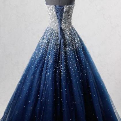 Sparkly A-line Strapless Prom Dresses,navy Blue..
