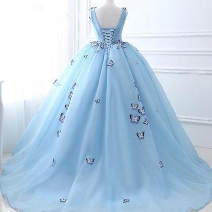 Charming Sleeveless V-neck Prom Dresses,blue Long..
