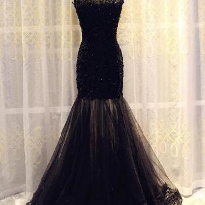 Gorgeous Black Lace Mermaid Prom Dresses, Tulle..