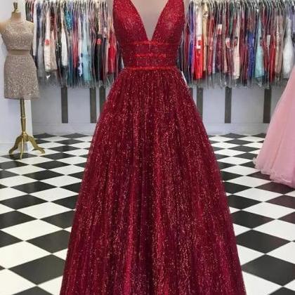 Stunning Red Deep V Neck Sleeveless Prom..