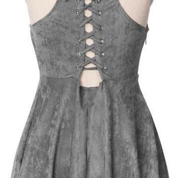 High Neck Grey Homecoming Dress,suede Lace Up Back..