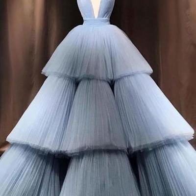 Blue Tulle V Neck Prom Dresses,layered Long Formal..