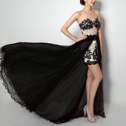 Charming High-low Strapless Lace Appliques Prom..