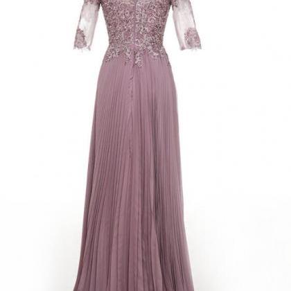 Crumpled Chiffon Pleated Lace Applique Long Prom..