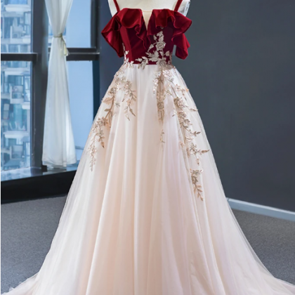 Burgundy Top Long Tulle Customize Prom Dress,..