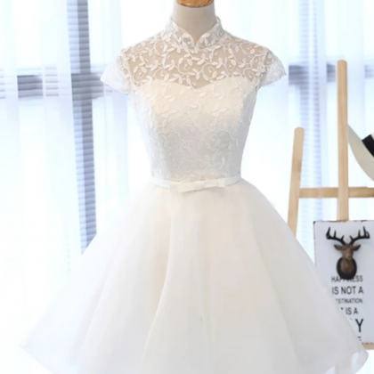 White Lace Tulle Cap Sleeve Short Prom Dress,..
