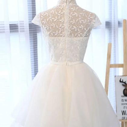 White Lace Tulle Cap Sleeve Short Prom Dress,..