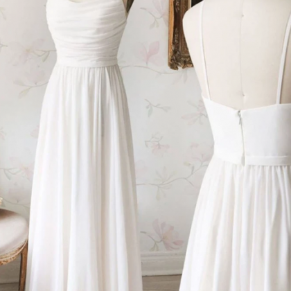 Simple White Chiffon V Neck Long Prom Dress, White..