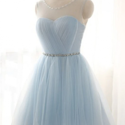 Light Blue Tulle See-through Round Neck Lace Up..