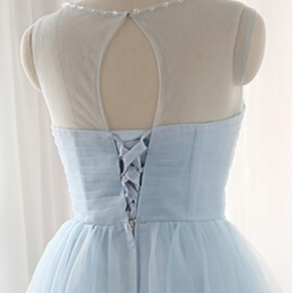 Light Blue Tulle See-through Round Neck Lace Up..