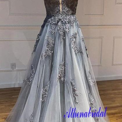 A-line Tulle Lace Applique Grey Long Prom..