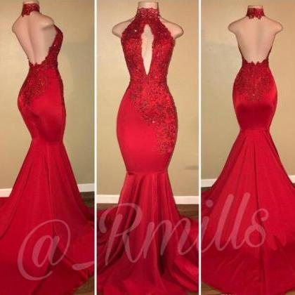 P1469 2021 Sexy Red Lace Halter Backless Mermaid..