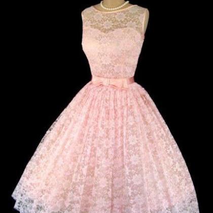 H1471 1950s A Line Vintage Pink Lace Prom Dresses..