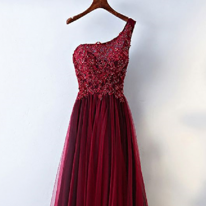 P1483 Burgundy One Shoulder Prom Dresses, Long..
