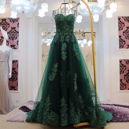 P1506 Elegant Green Appliques Long Prom Dresses..