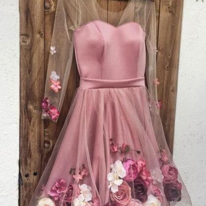 H1516 Pink V Neck 3d Applique Short Prom Dress,..