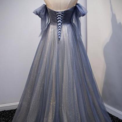 P1571 Blue Tulle Long A Line Prom Dress Blue..